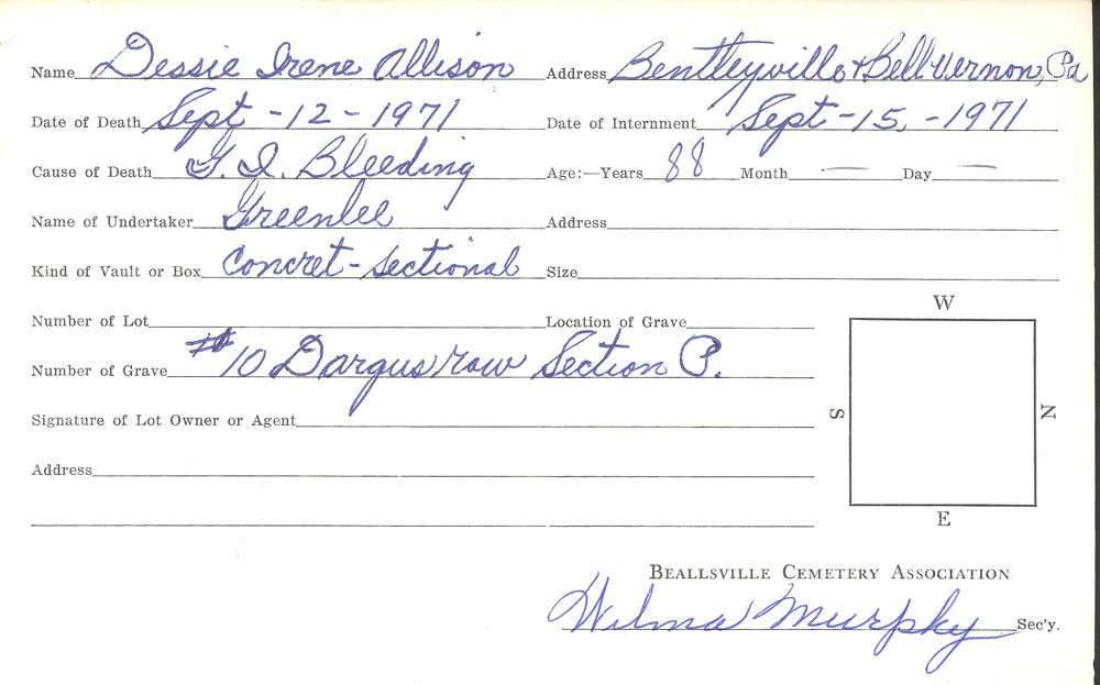 Dessie Allison burial card